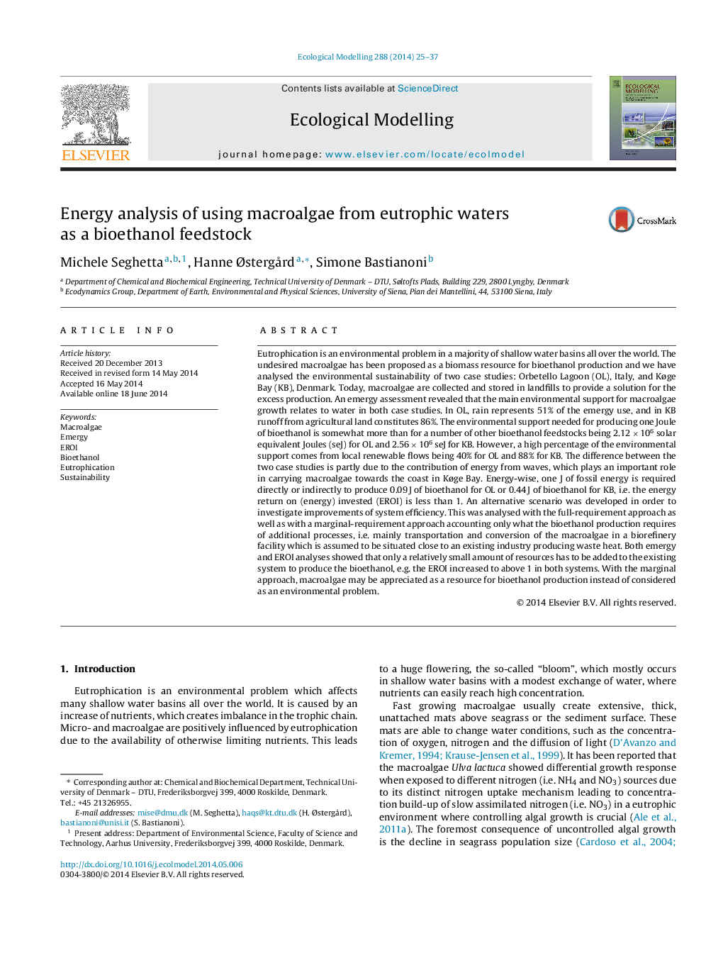 Energy analysis of using macroalgae from eutrophic waters as a bioethanol feedstock