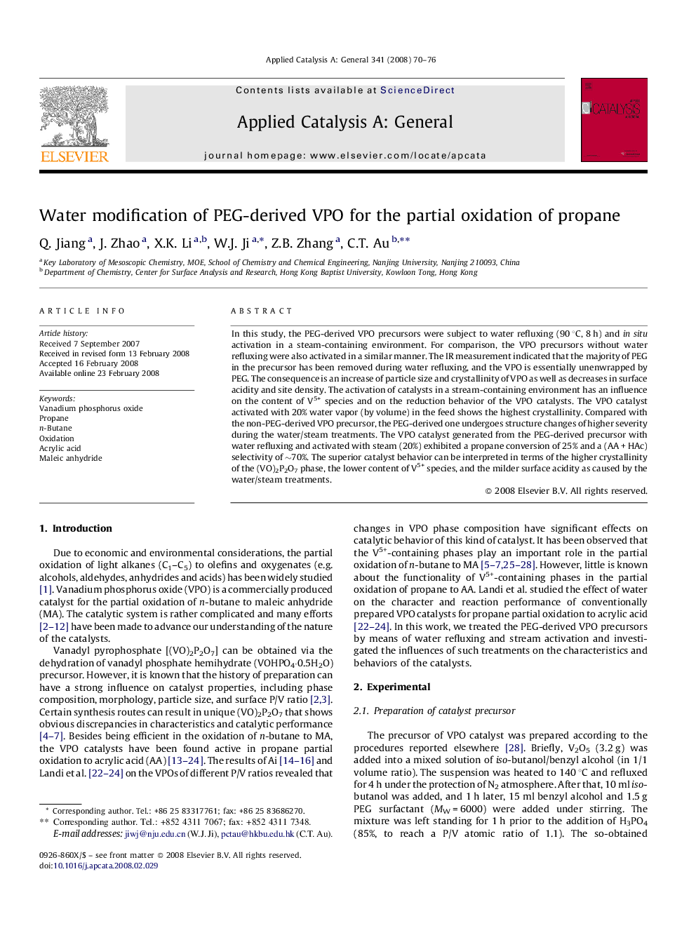 Water modification of PEG-derived VPO for the partial oxidation of propane