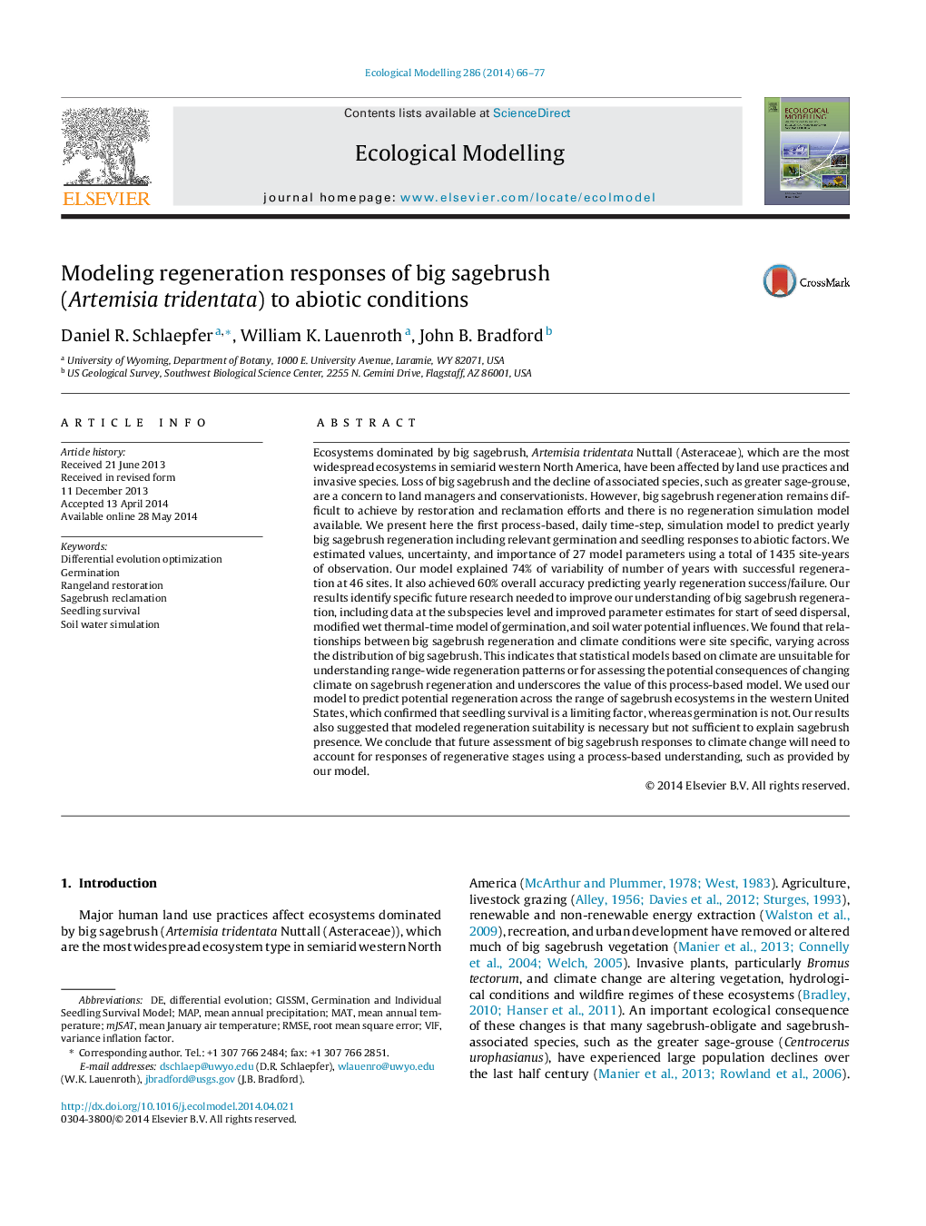 Modeling regeneration responses of big sagebrush (Artemisia tridentata) to abiotic conditions