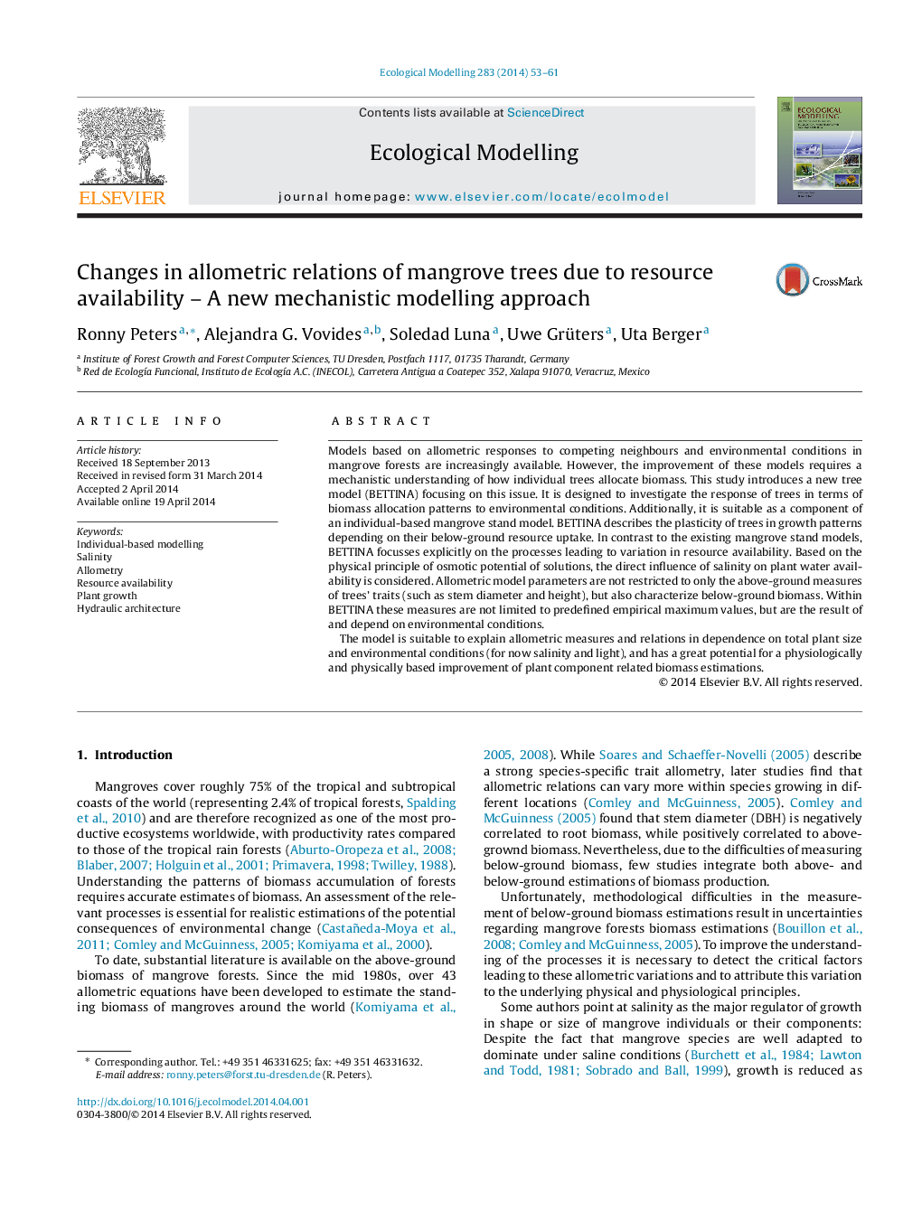 Changes in allometric relations of mangrove trees due to resource availability - A new mechanistic modelling approach