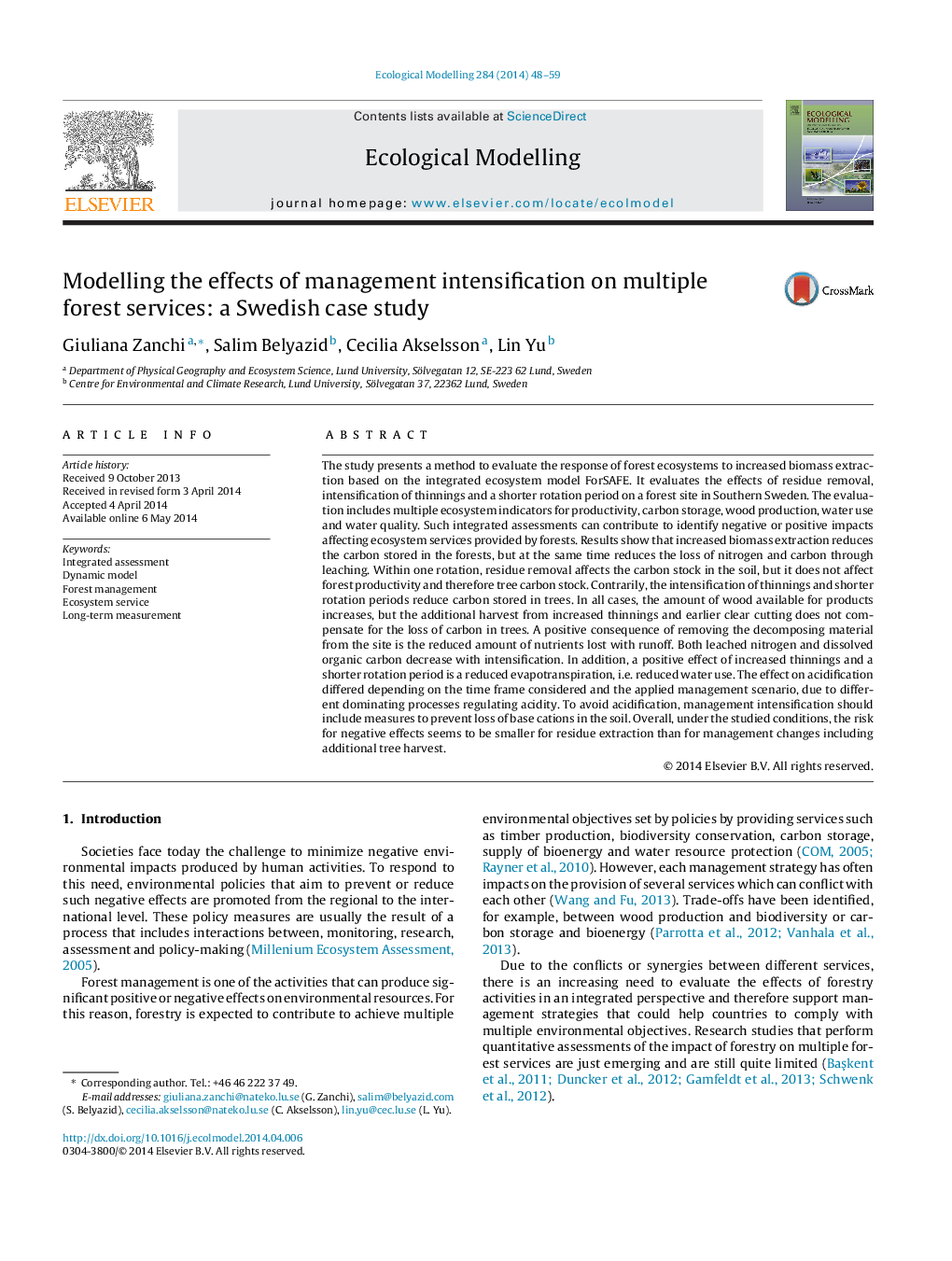 Modelling the effects of management intensification on multiple forest services: a Swedish case study