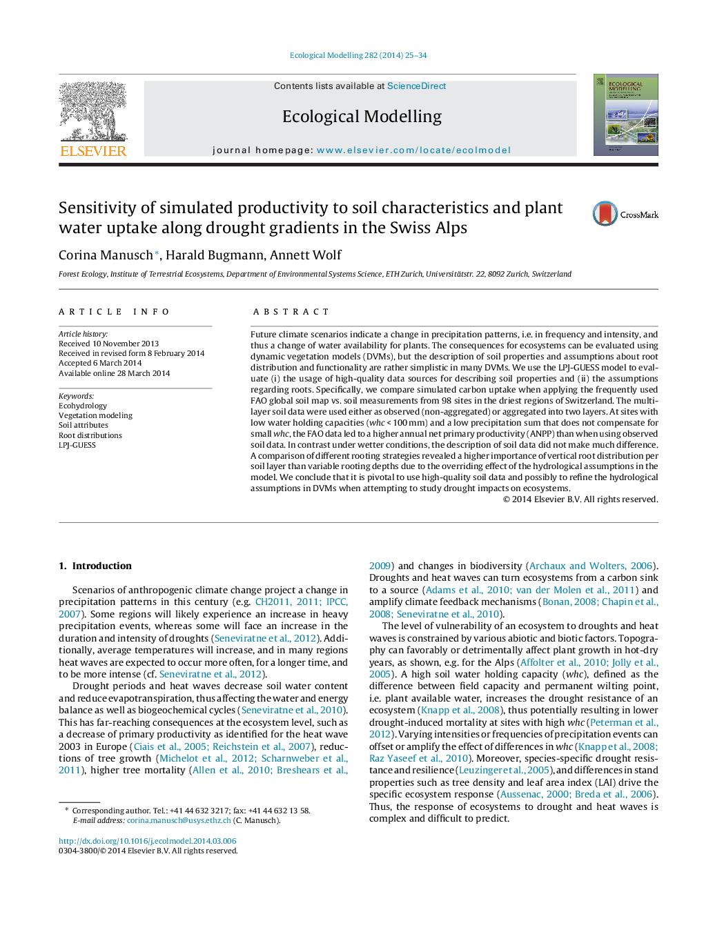 Sensitivity of simulated productivity to soil characteristics and plant water uptake along drought gradients in the Swiss Alps