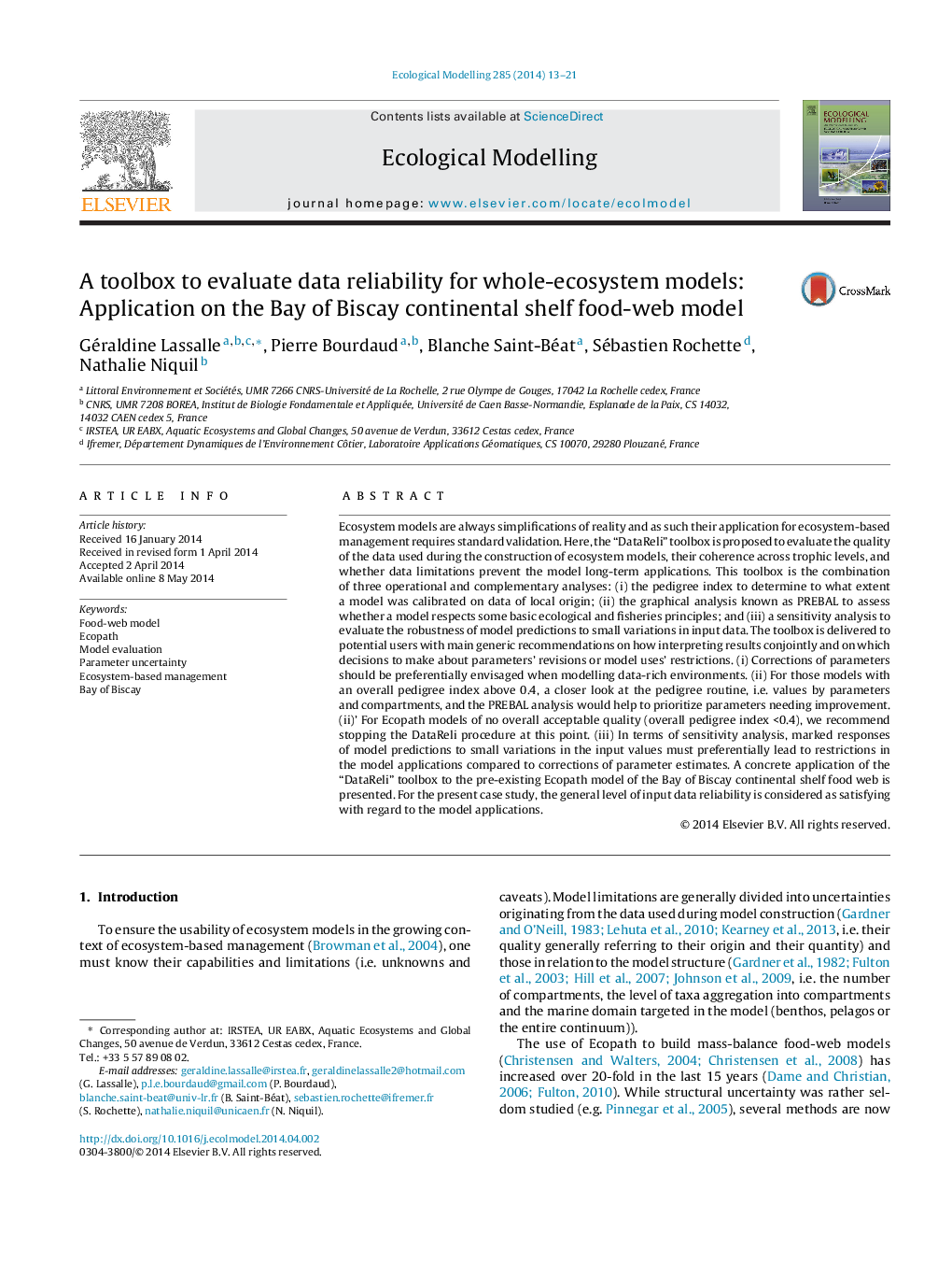 A toolbox to evaluate data reliability for whole-ecosystem models: Application on the Bay of Biscay continental shelf food-web model