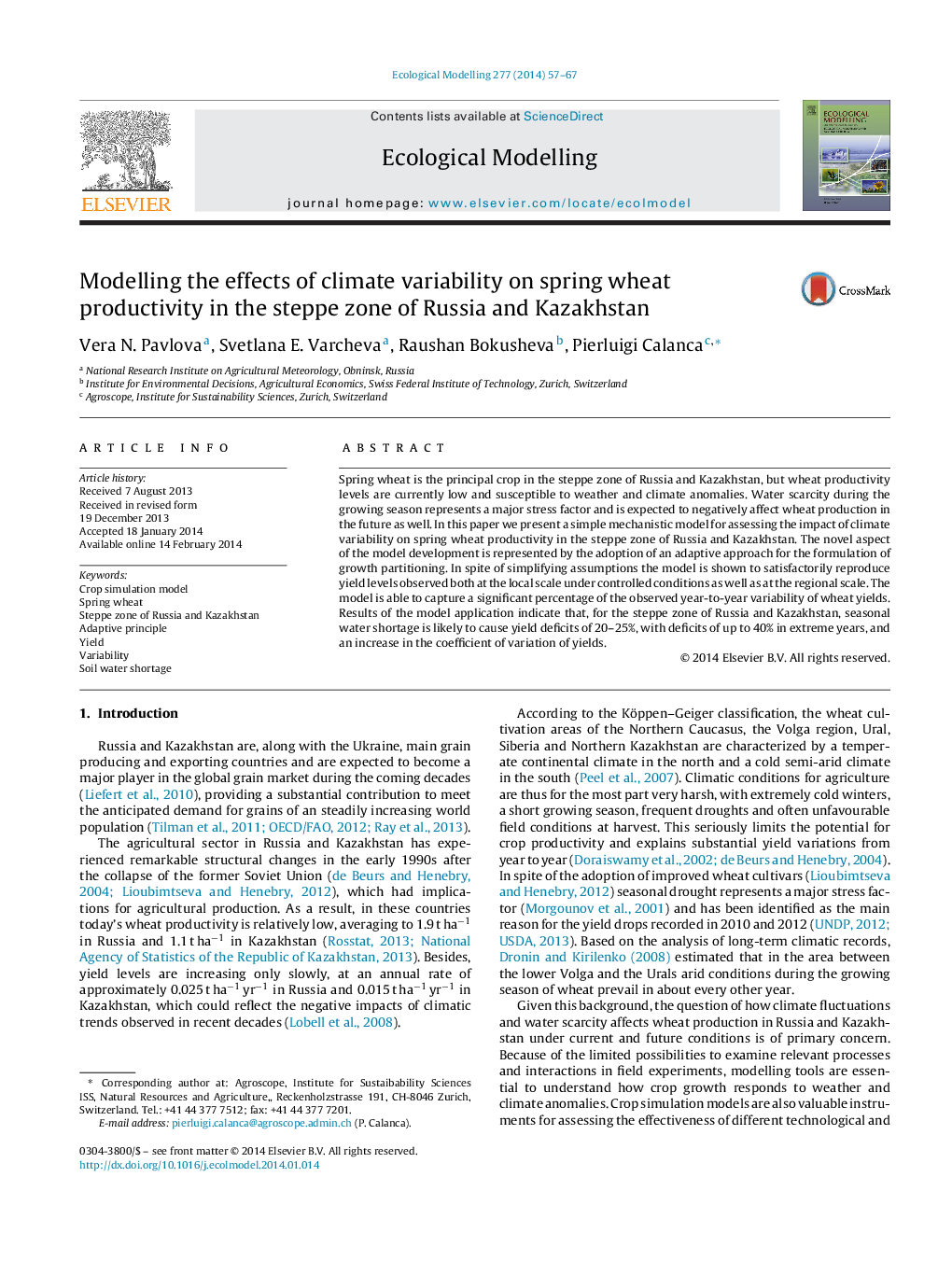 Modelling the effects of climate variability on spring wheat productivity in the steppe zone of Russia and Kazakhstan