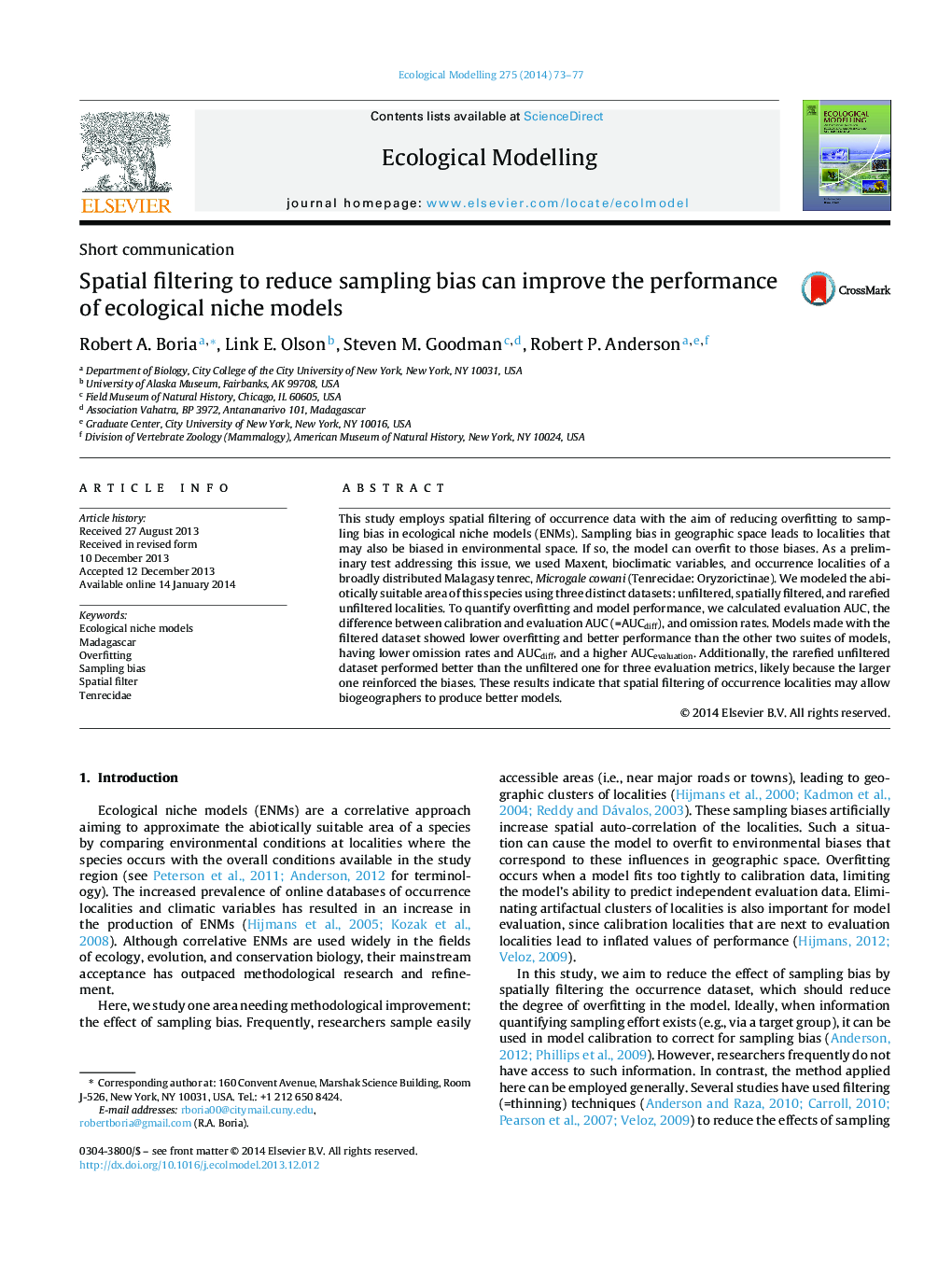 Spatial filtering to reduce sampling bias can improve the performance of ecological niche models