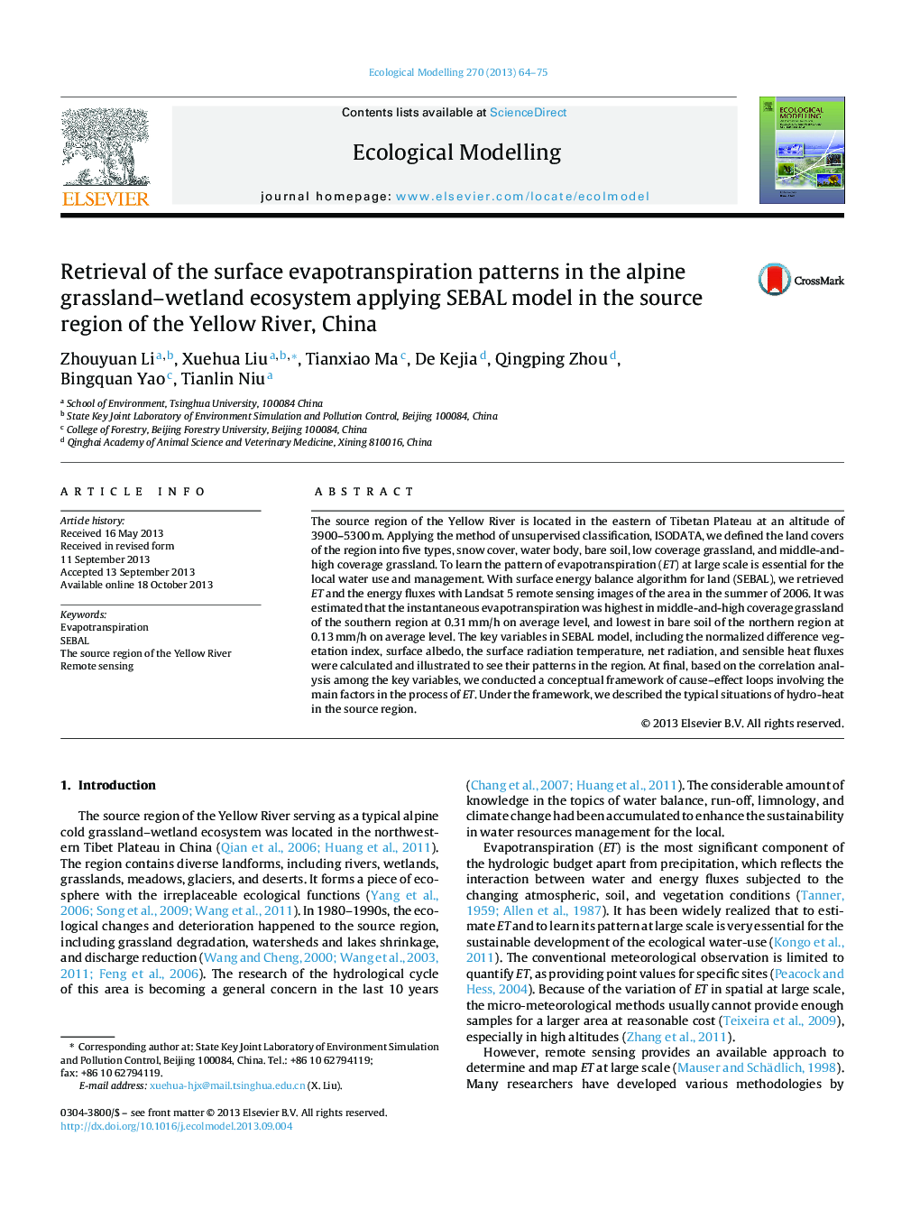 Retrieval of the surface evapotranspiration patterns in the alpine grassland–wetland ecosystem applying SEBAL model in the source region of the Yellow River, China
