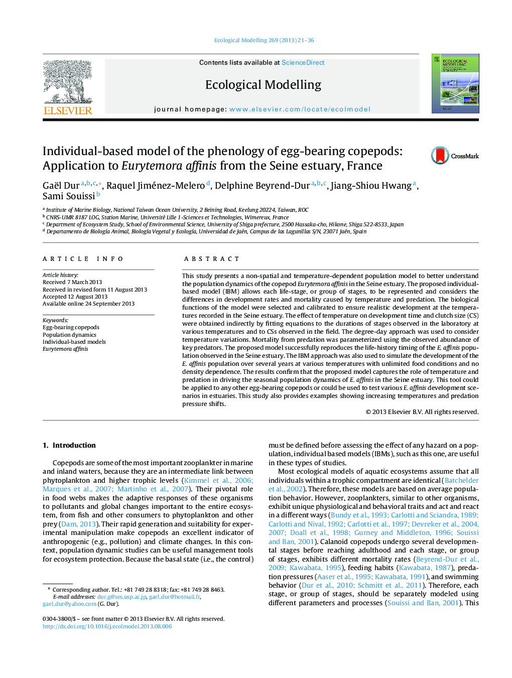 Individual-based model of the phenology of egg-bearing copepods: Application to Eurytemora affinis from the Seine estuary, France