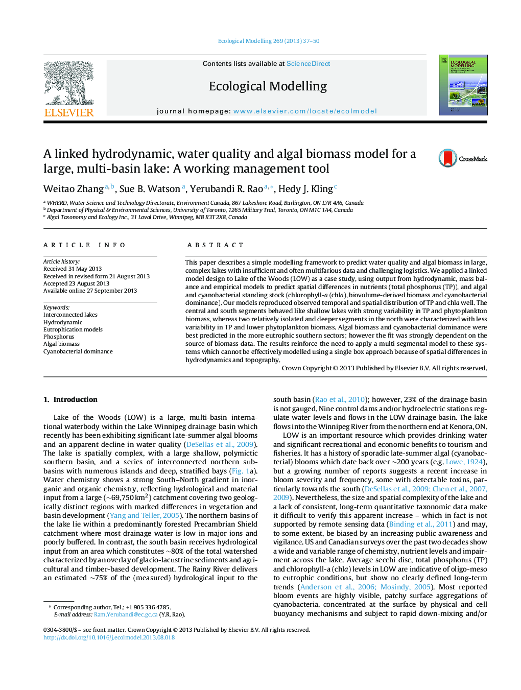 A linked hydrodynamic, water quality and algal biomass model for a large, multi-basin lake: A working management tool