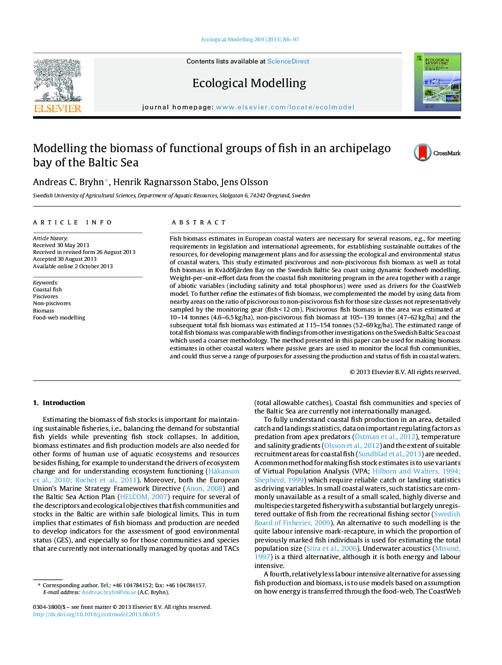 Modelling the biomass of functional groups of fish in an archipelago bay of the Baltic Sea