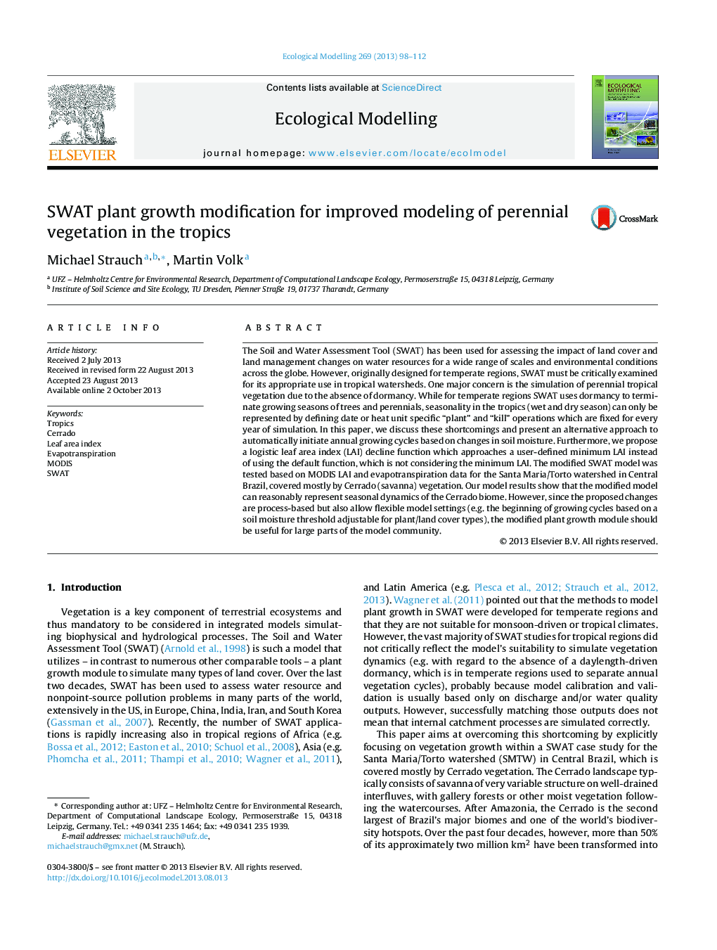 SWAT plant growth modification for improved modeling of perennial vegetation in the tropics