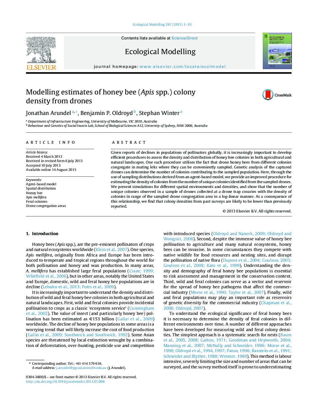 Modelling estimates of honey bee (Apis spp.) colony density from drones