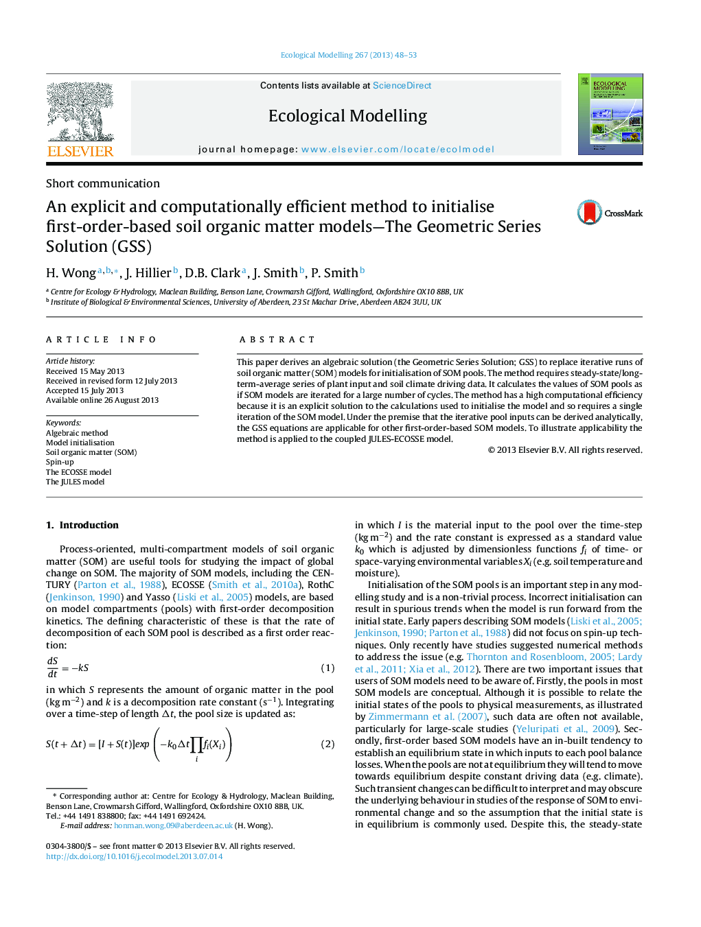 An explicit and computationally efficient method to initialise first-order-based soil organic matter models—The Geometric Series Solution (GSS)