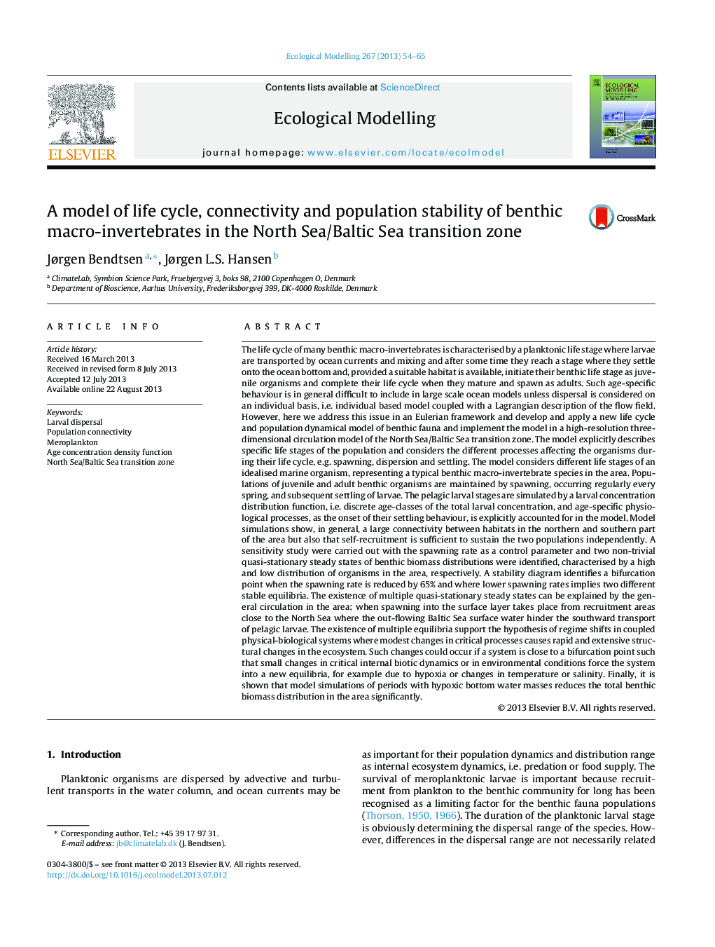 A model of life cycle, connectivity and population stability of benthic macro-invertebrates in the North Sea/Baltic Sea transition zone