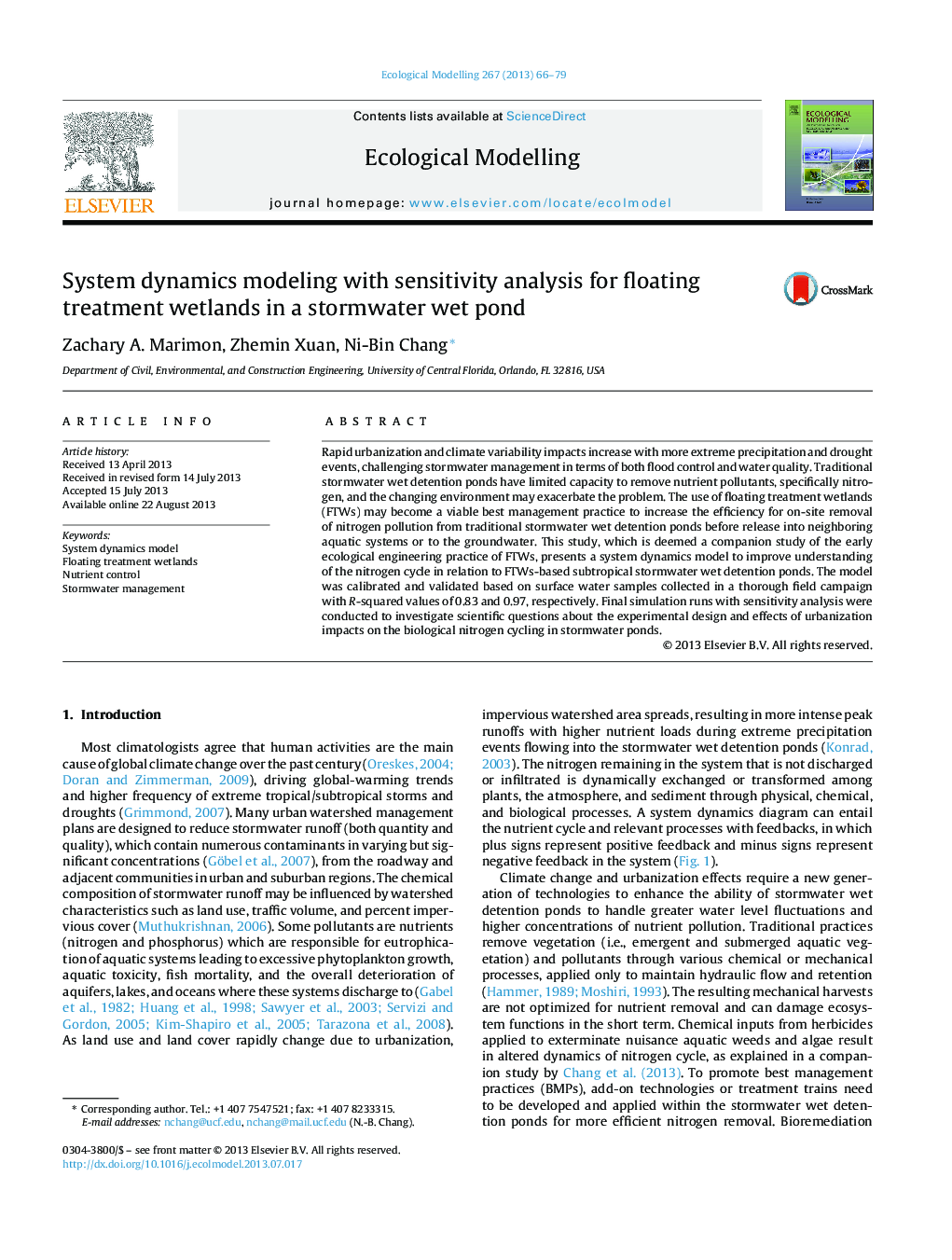 System dynamics modeling with sensitivity analysis for floating treatment wetlands in a stormwater wet pond