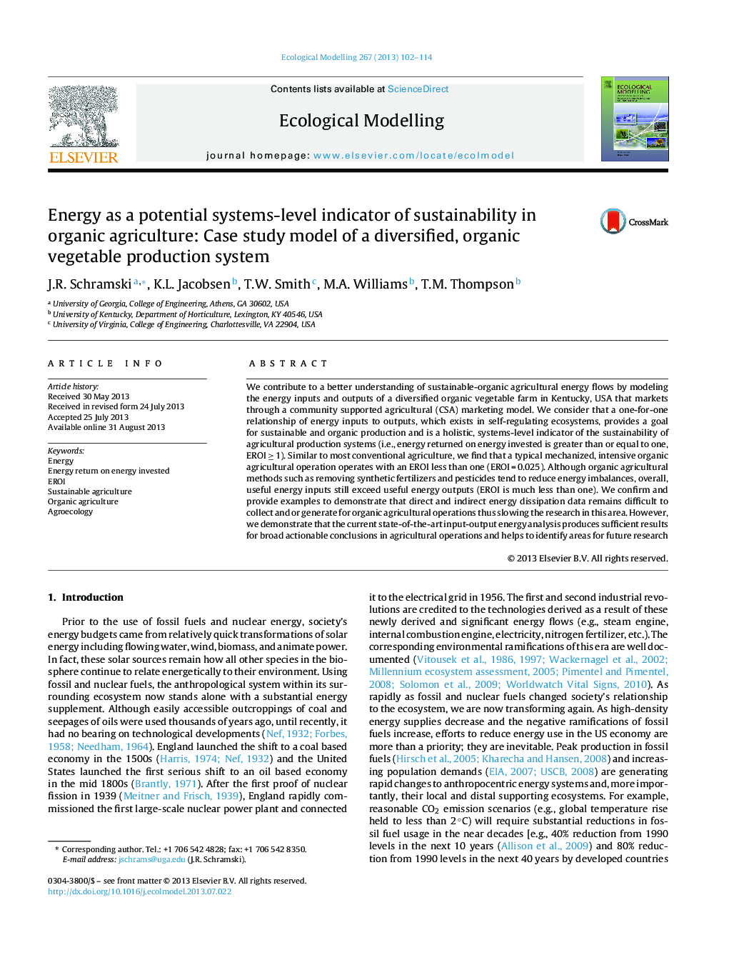 Energy as a potential systems-level indicator of sustainability in organic agriculture: Case study model of a diversified, organic vegetable production system