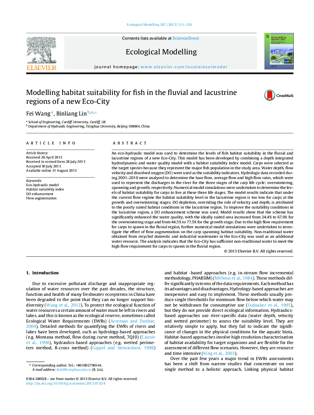 Modelling habitat suitability for fish in the fluvial and lacustrine regions of a new Eco-City