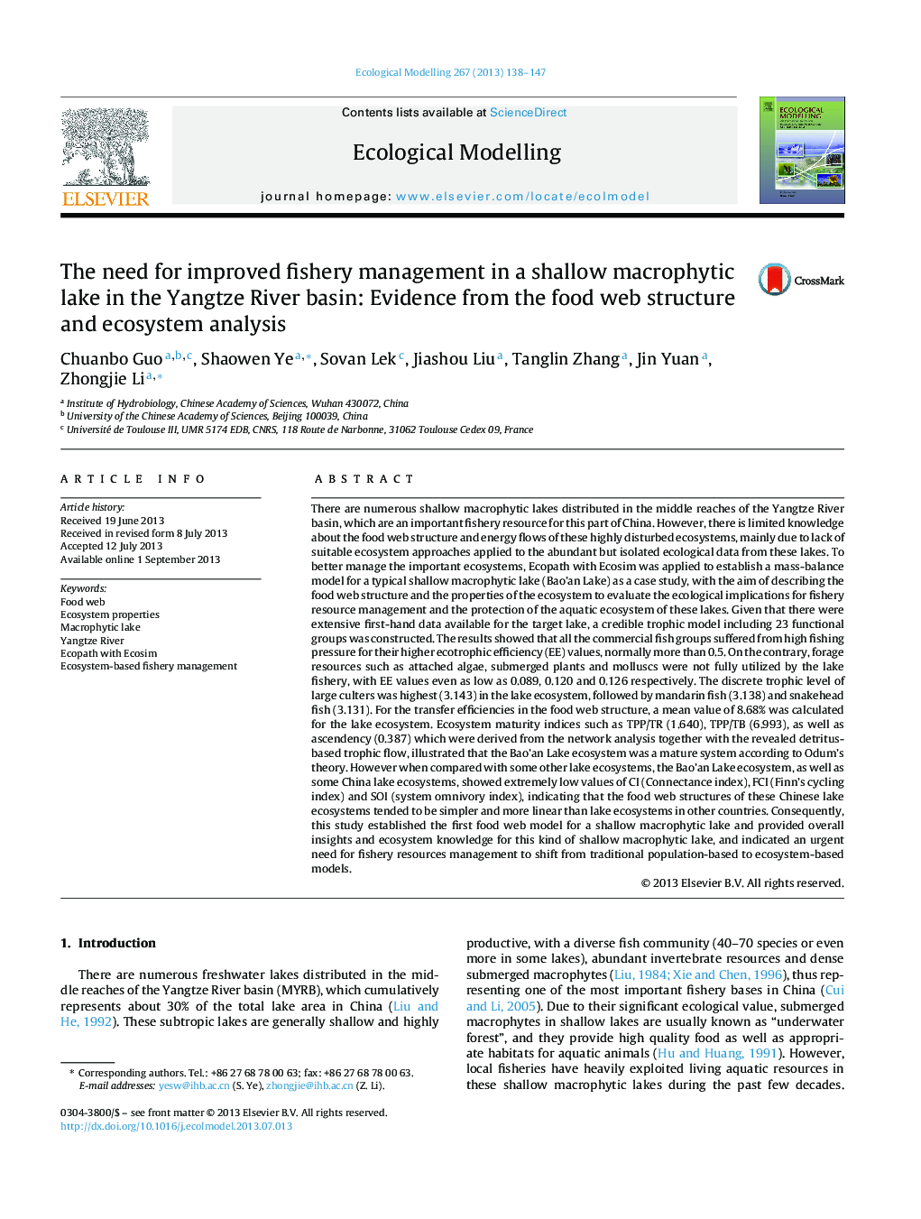 The need for improved fishery management in a shallow macrophytic lake in the Yangtze River basin: Evidence from the food web structure and ecosystem analysis