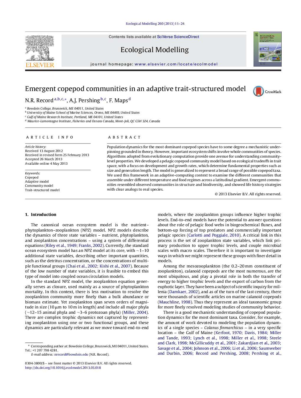 Emergent copepod communities in an adaptive trait-structured model