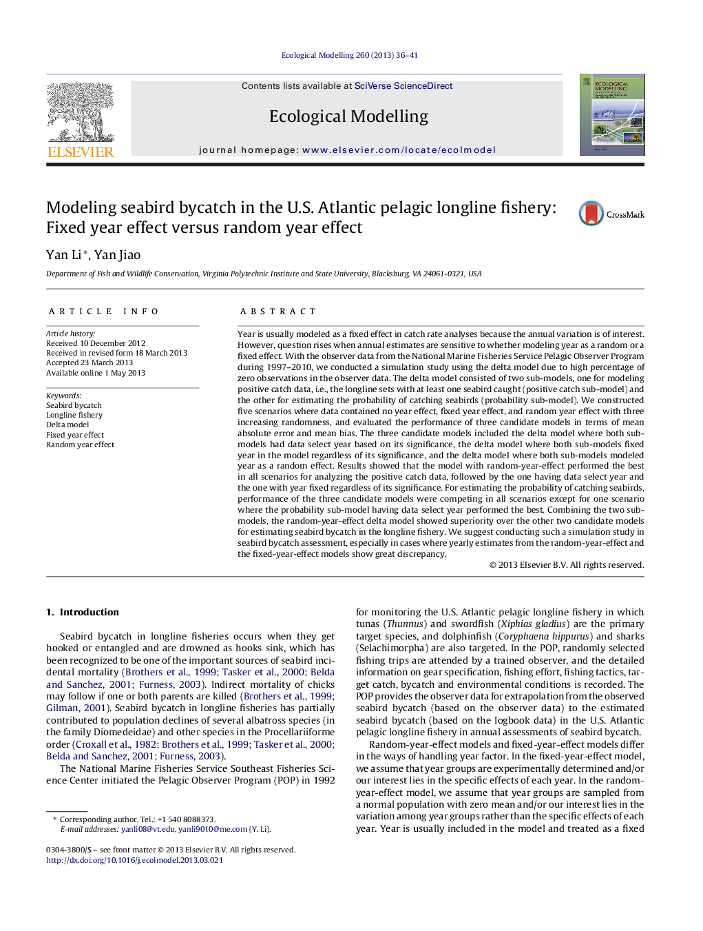 Modeling seabird bycatch in the U.S. Atlantic pelagic longline fishery: Fixed year effect versus random year effect