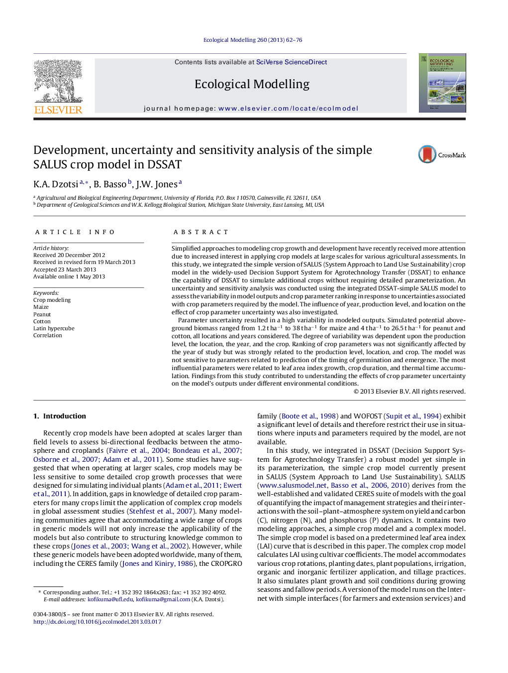 Development, uncertainty and sensitivity analysis of the simple SALUS crop model in DSSAT