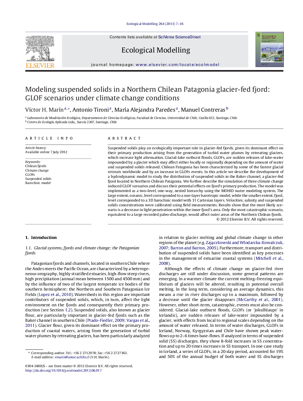 Modeling suspended solids in a Northern Chilean Patagonia glacier-fed fjord: GLOF scenarios under climate change conditions