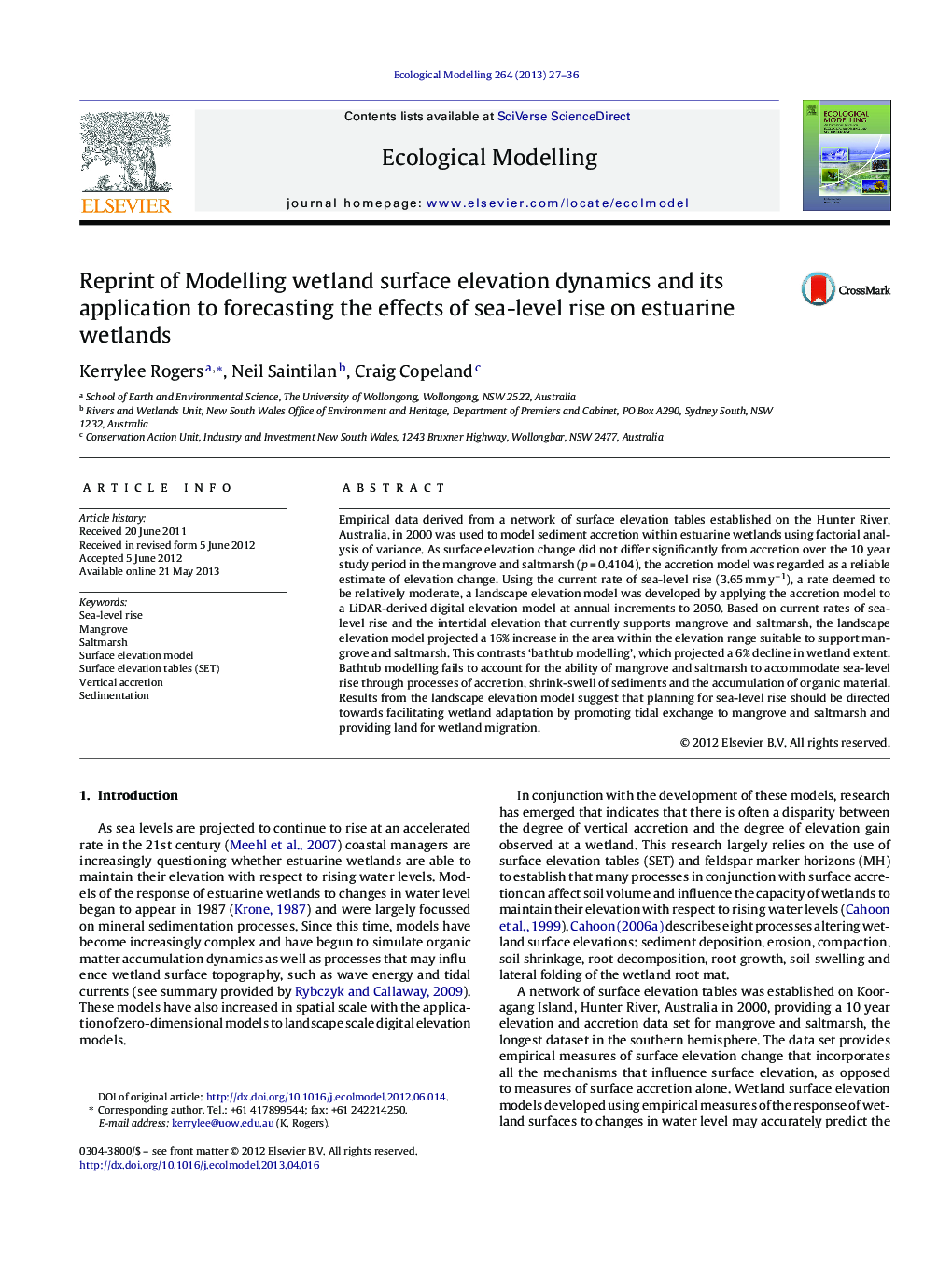 Reprint of Modelling wetland surface elevation dynamics and its application to forecasting the effects of sea-level rise on estuarine wetlands