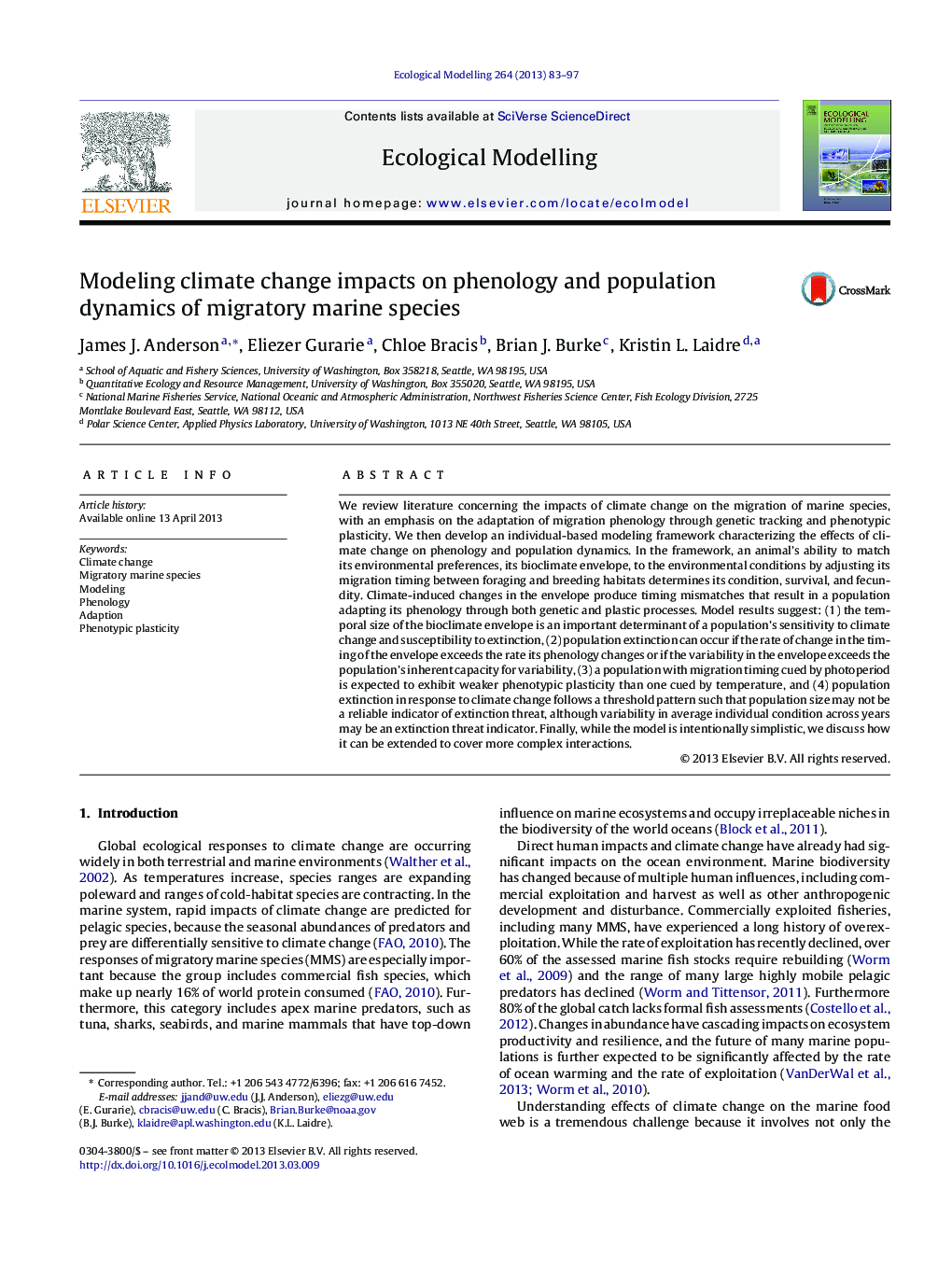 Modeling climate change impacts on phenology and population dynamics of migratory marine species