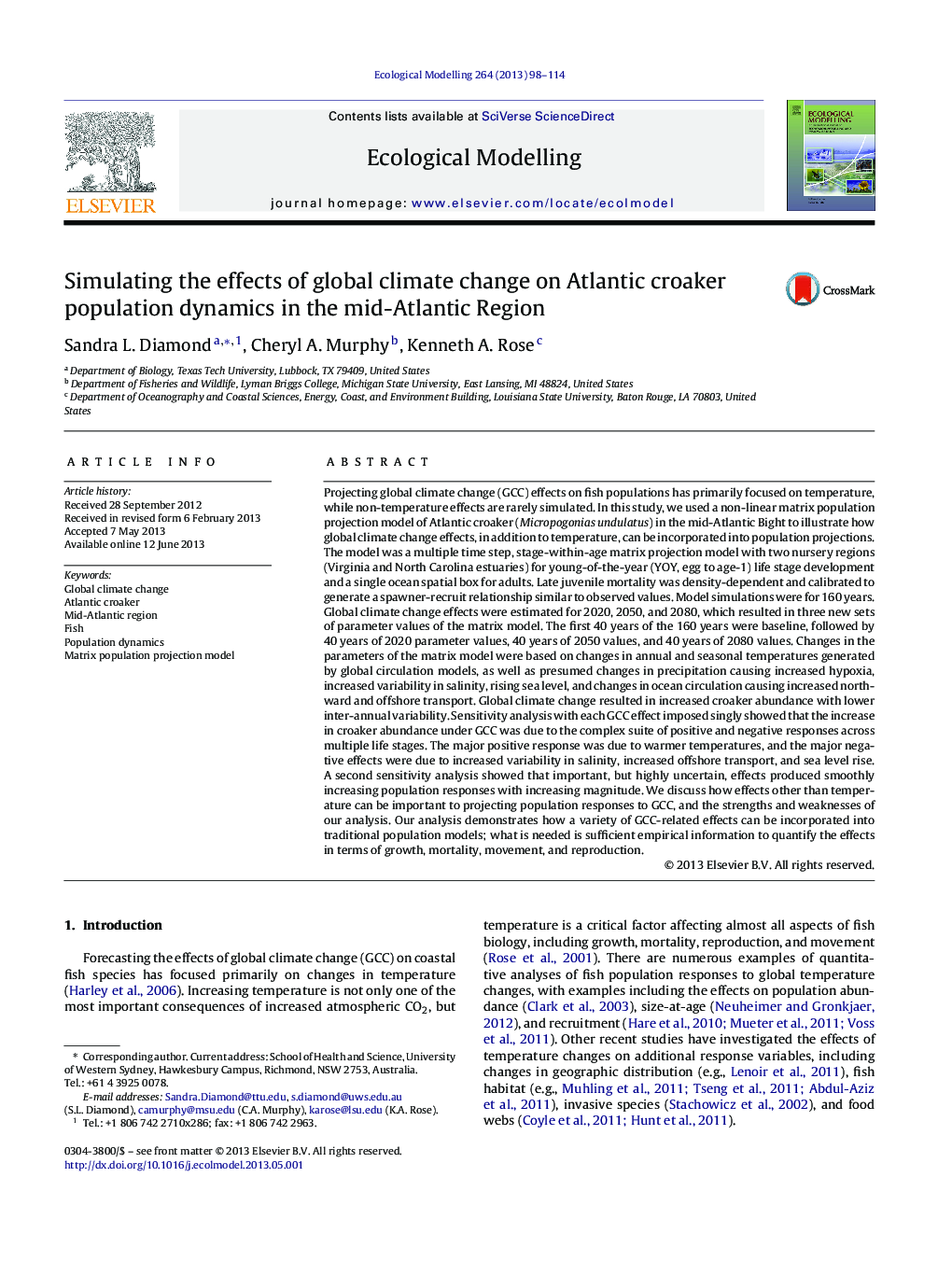 Simulating the effects of global climate change on Atlantic croaker population dynamics in the mid-Atlantic Region