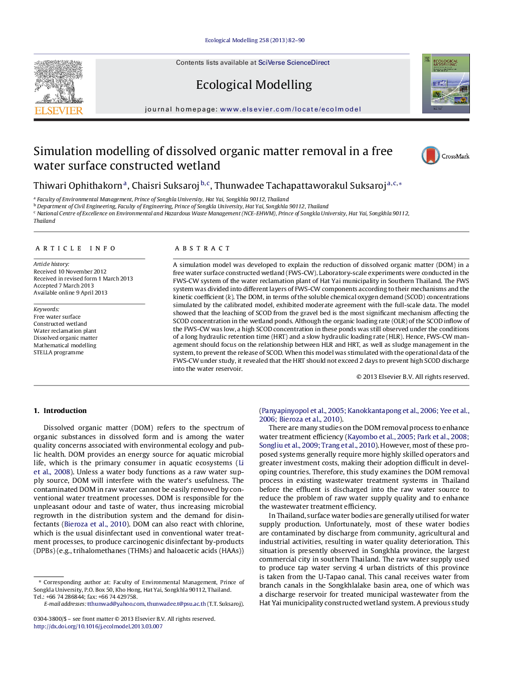 Simulation modelling of dissolved organic matter removal in a free water surface constructed wetland