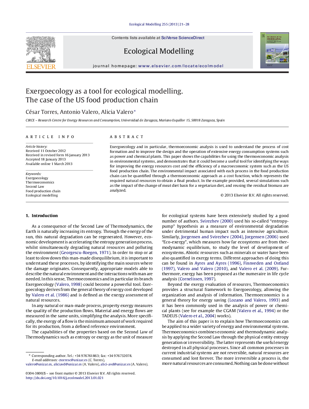 Exergoecology as a tool for ecological modelling. The case of the US food production chain