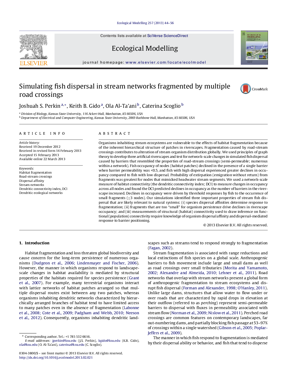 Simulating fish dispersal in stream networks fragmented by multiple road crossings