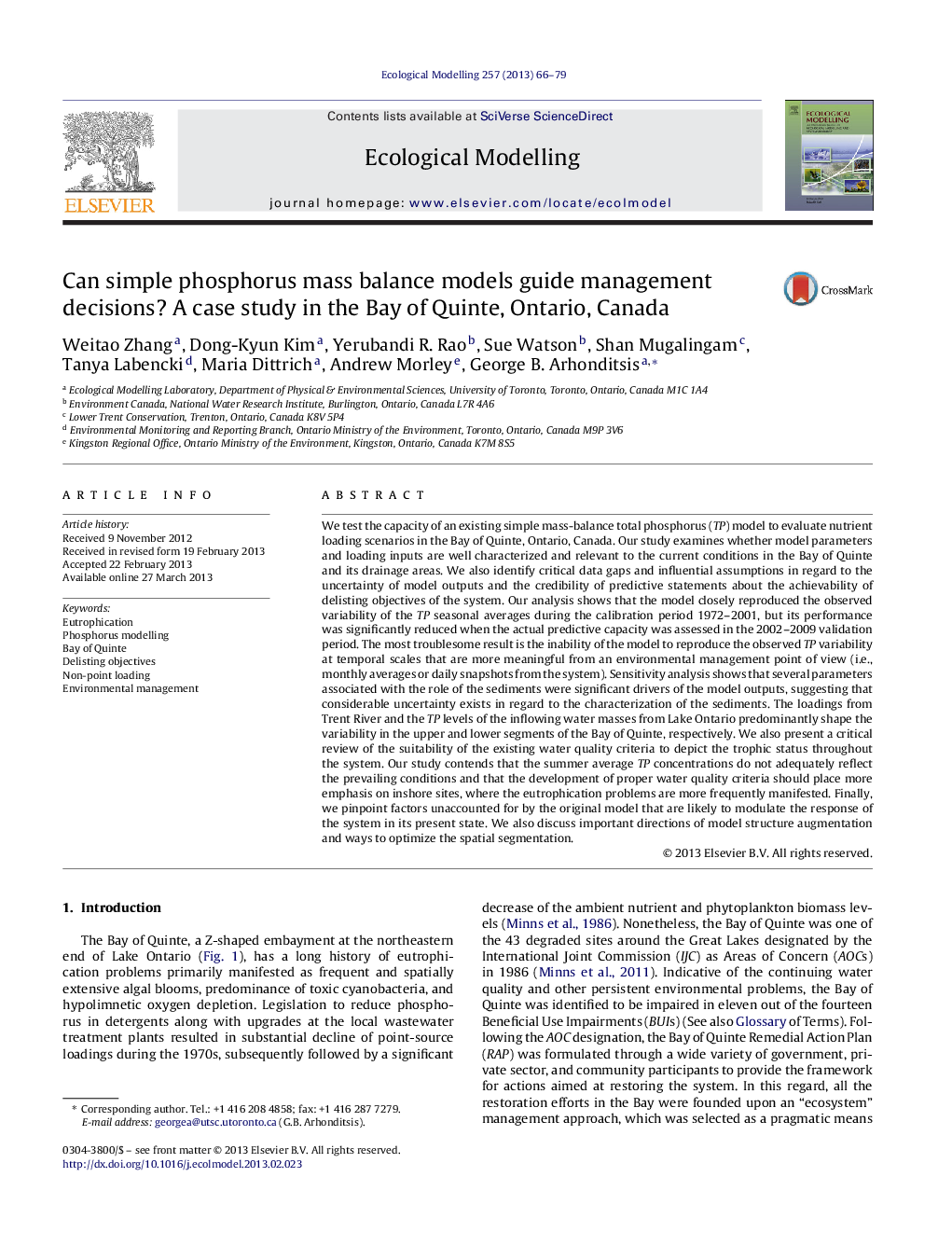 Can simple phosphorus mass balance models guide management decisions? A case study in the Bay of Quinte, Ontario, Canada