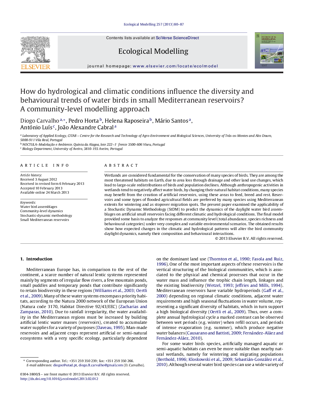 How do hydrological and climatic conditions influence the diversity and behavioural trends of water birds in small Mediterranean reservoirs? A community-level modelling approach