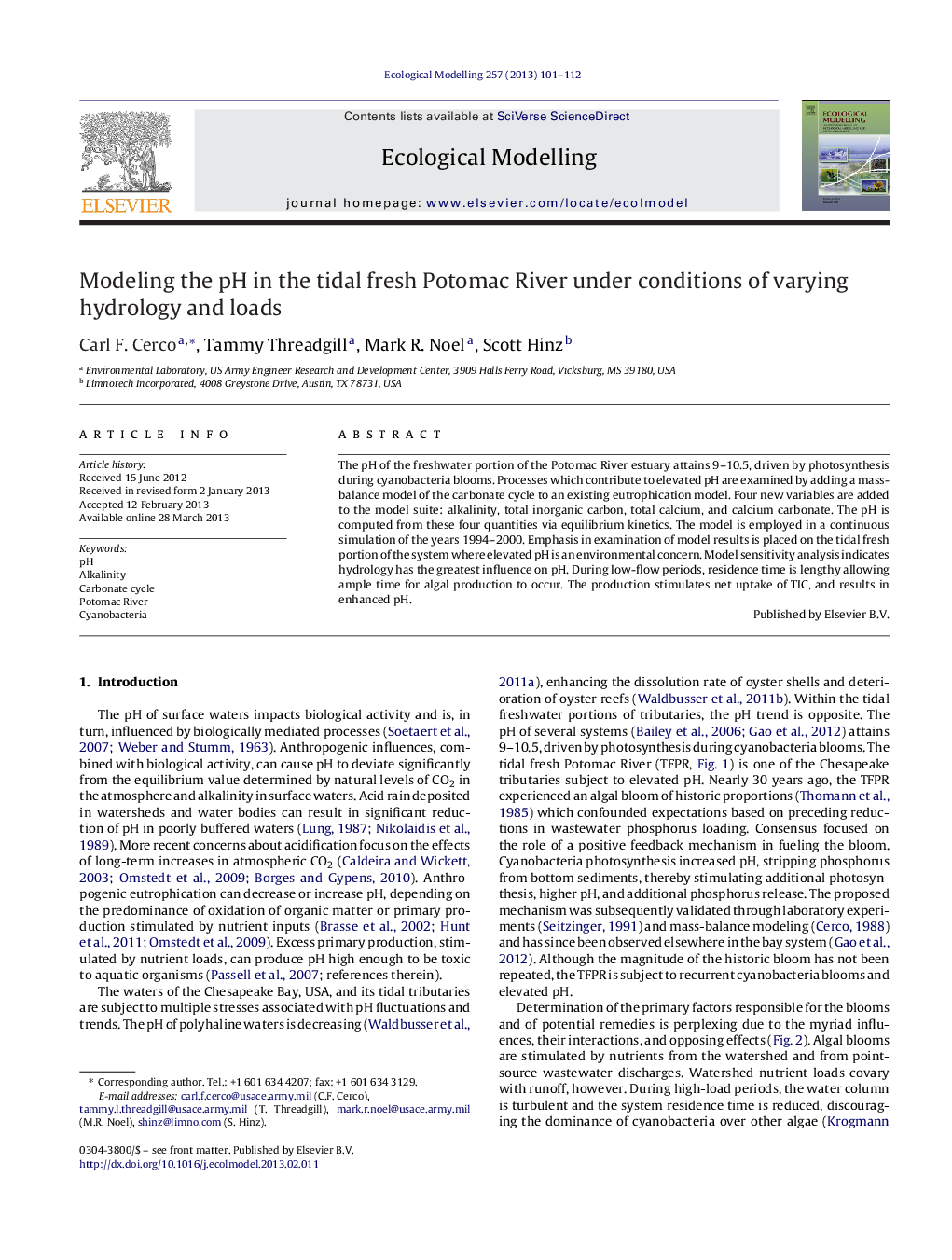 Modeling the pH in the tidal fresh Potomac River under conditions of varying hydrology and loads