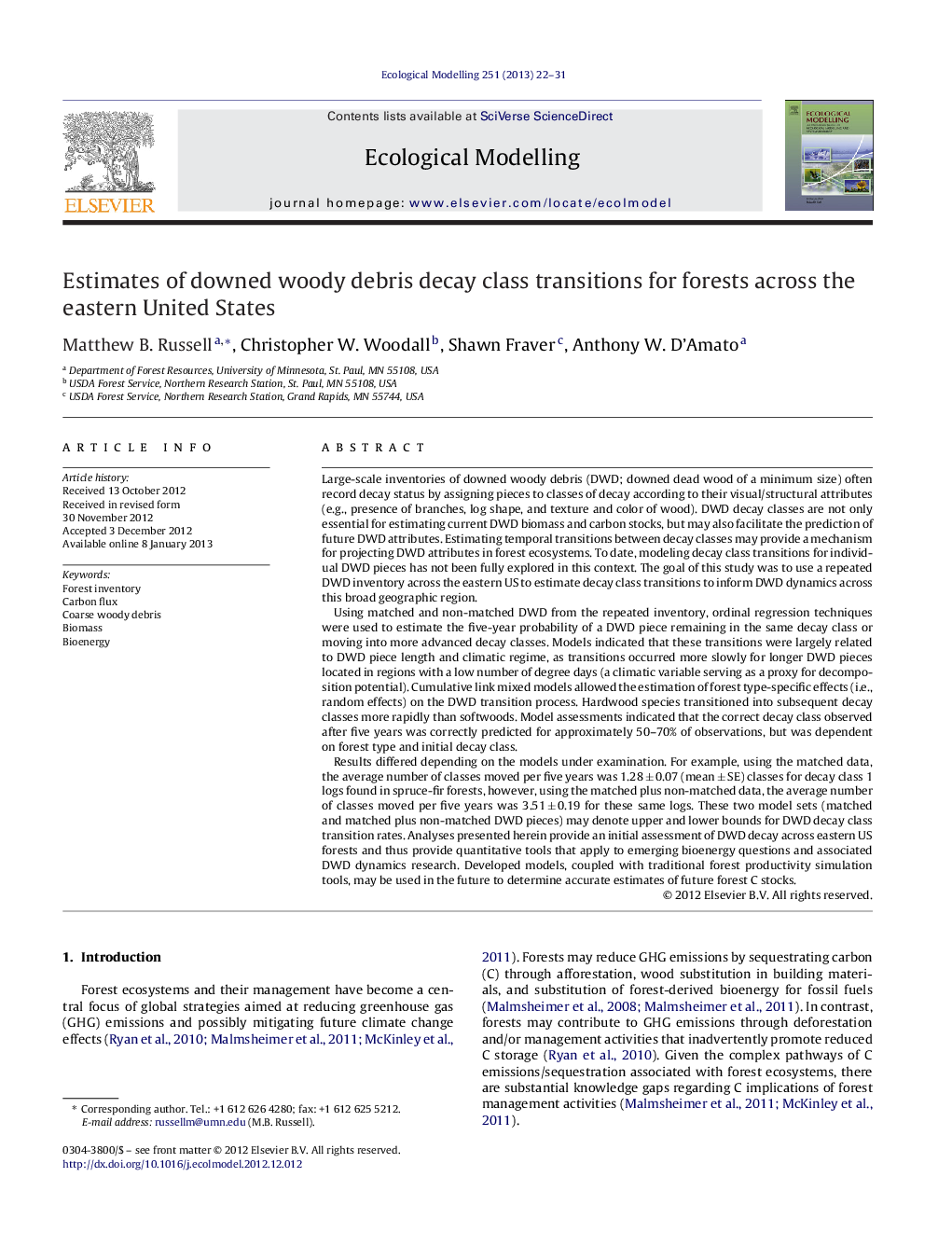 Estimates of downed woody debris decay class transitions for forests across the eastern United States