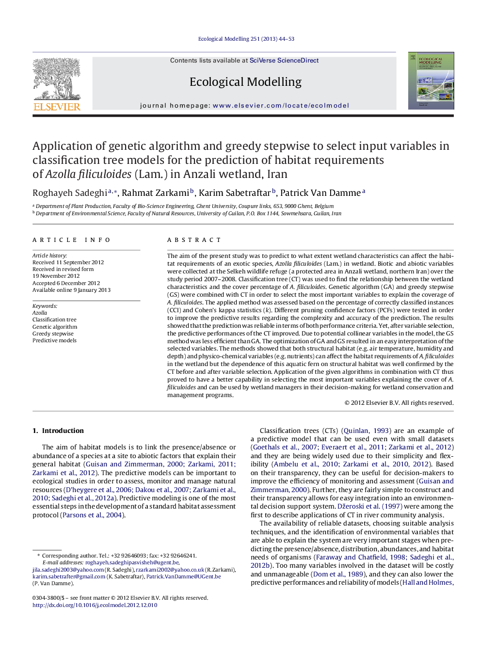 Application of genetic algorithm and greedy stepwise to select input variables in classification tree models for the prediction of habitat requirements of Azolla filiculoides (Lam.) in Anzali wetland, Iran