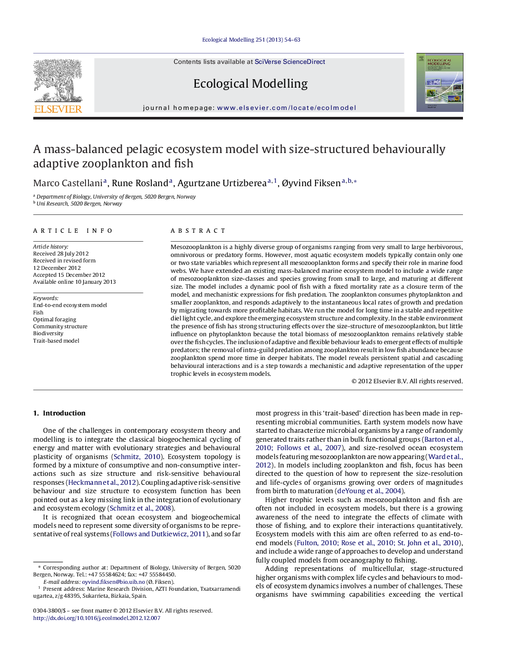 A mass-balanced pelagic ecosystem model with size-structured behaviourally adaptive zooplankton and fish