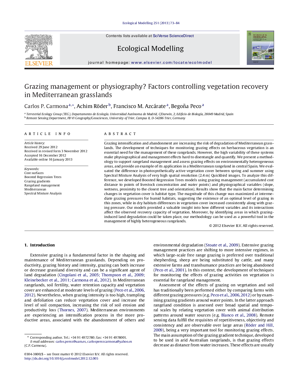 Grazing management or physiography? Factors controlling vegetation recovery in Mediterranean grasslands