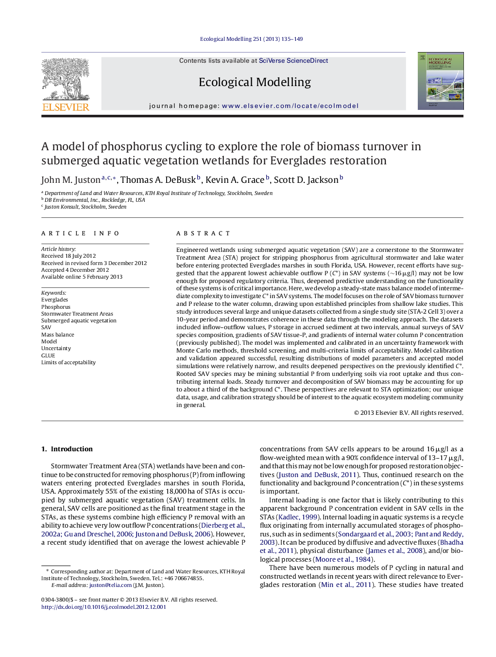 A model of phosphorus cycling to explore the role of biomass turnover in submerged aquatic vegetation wetlands for Everglades restoration