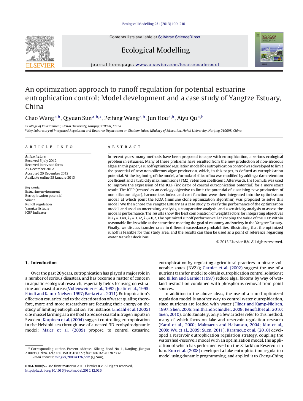 An optimization approach to runoff regulation for potential estuarine eutrophication control: Model development and a case study of Yangtze Estuary, China