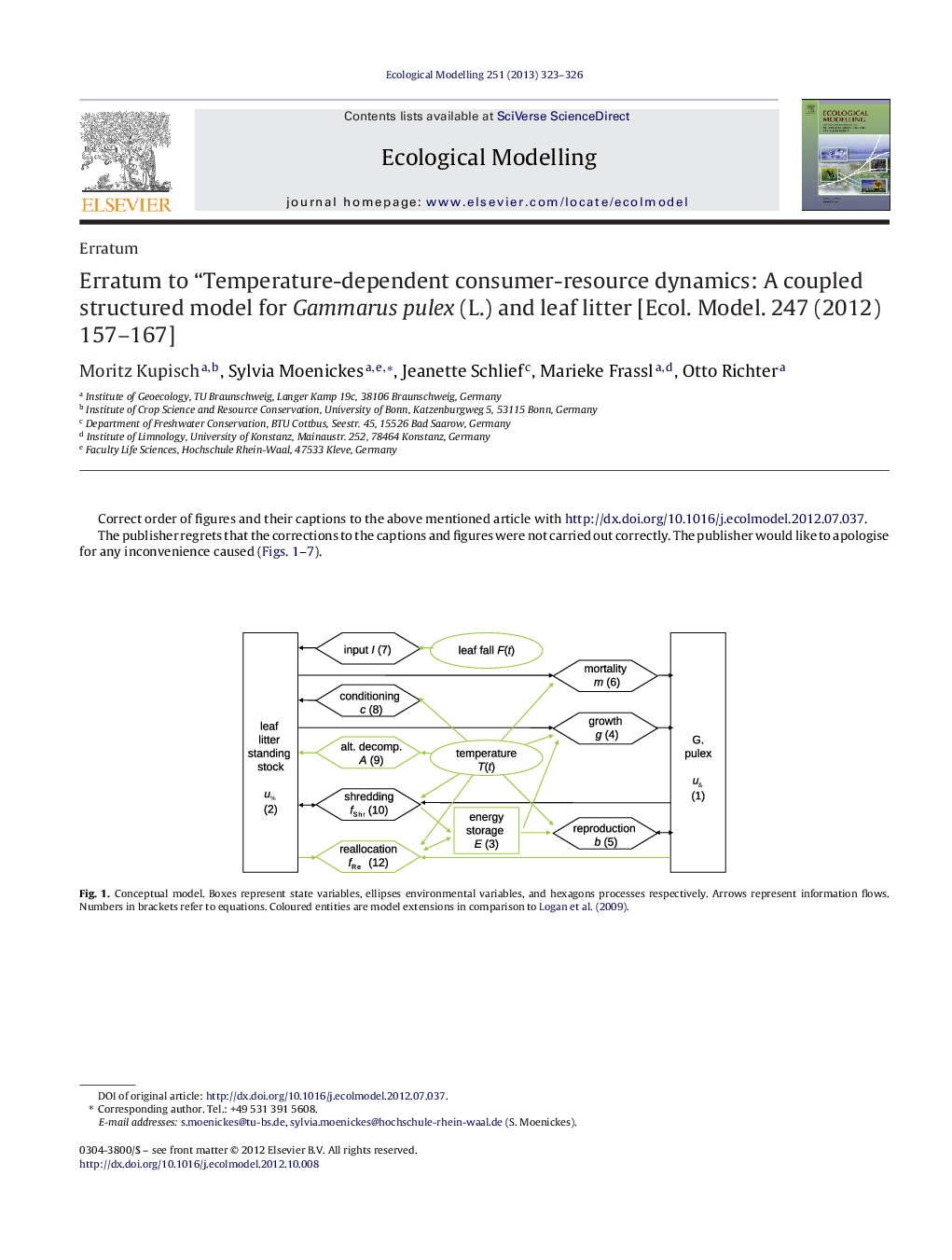 Erratum to “Temperature-dependent consumer-resource dynamics: A coupled structured model for Gammarus pulex (L.) and leaf litter [Ecol. Model. 247 (2012) 157-167]