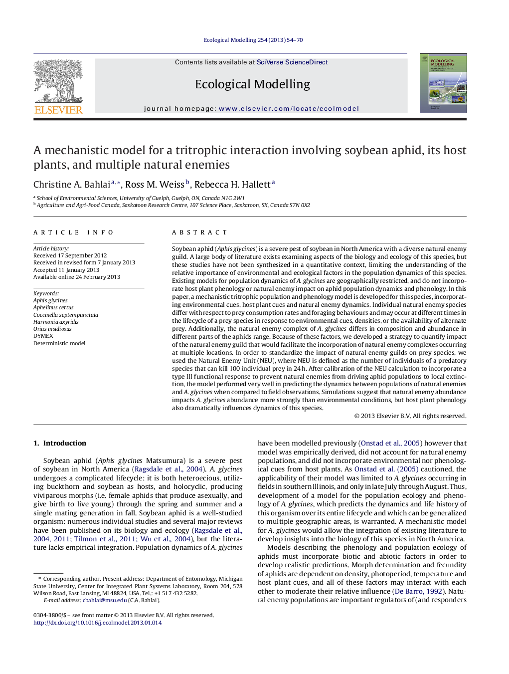 عکس صفحه اول مقاله: A mechanistic model for a tritrophic interaction involving soybean aphid, its host plants, and multiple natural enemies A mechanistic model for a tritrophic interaction involving soybean aphid, its host plants, and multiple natural enemies