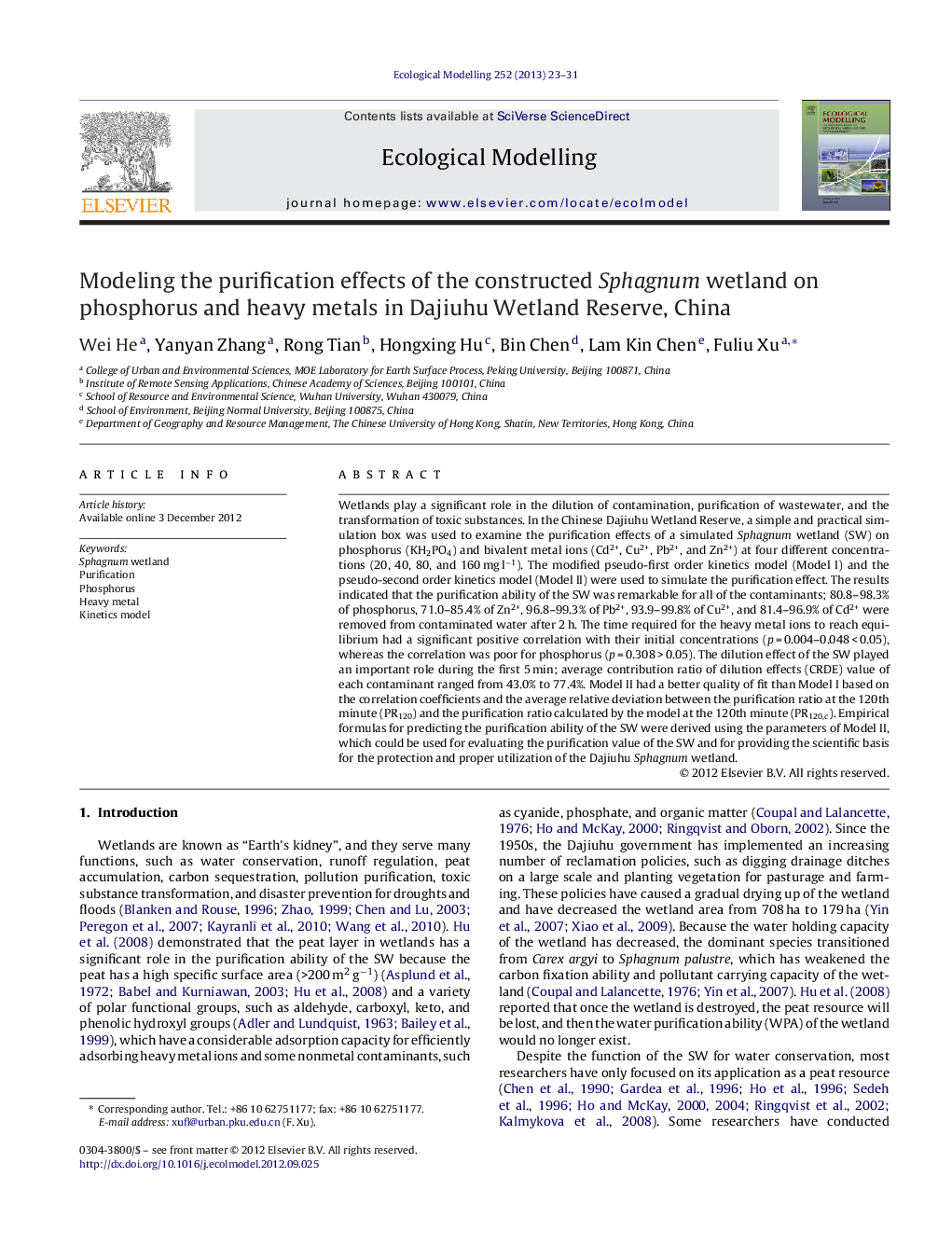 Modeling the purification effects of the constructed Sphagnum wetland on phosphorus and heavy metals in Dajiuhu Wetland Reserve, China