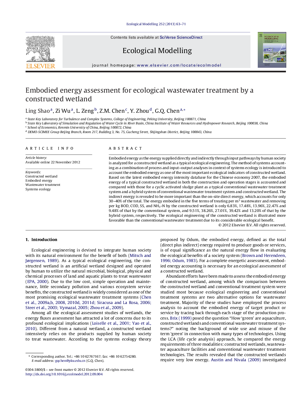 Embodied energy assessment for ecological wastewater treatment by a constructed wetland