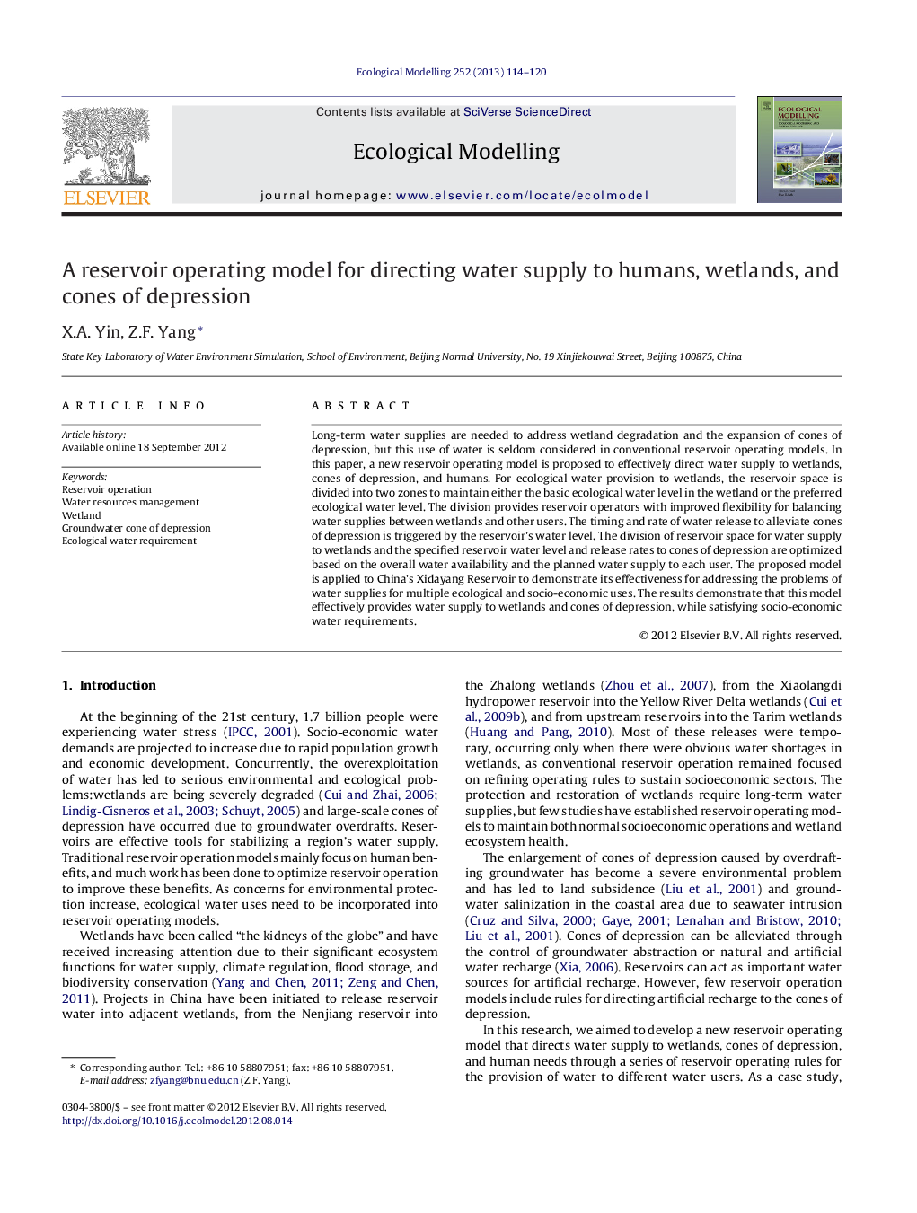 A reservoir operating model for directing water supply to humans, wetlands, and cones of depression