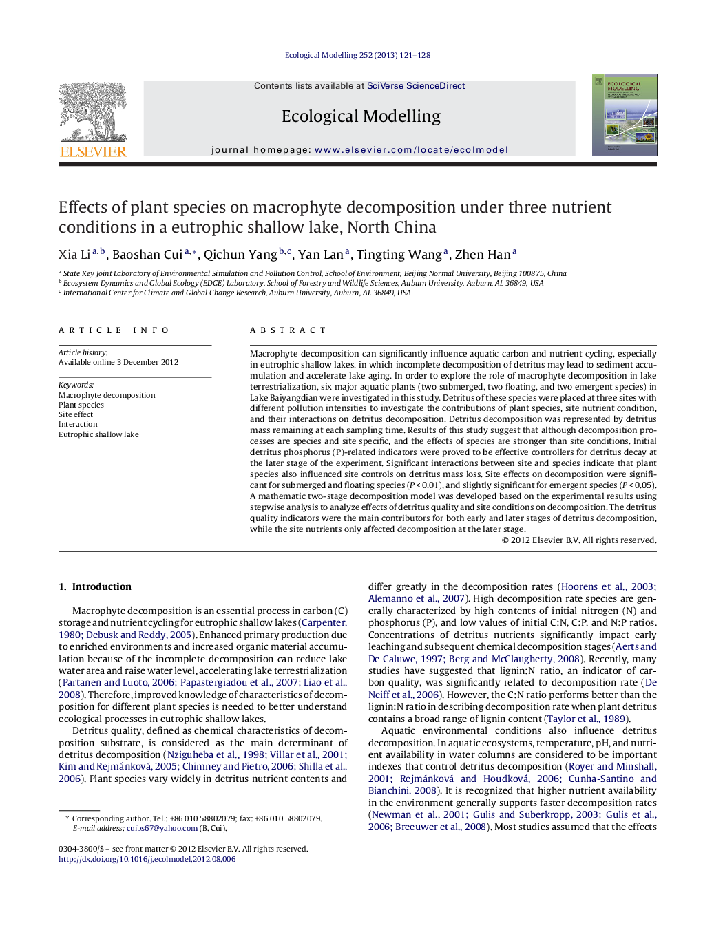 Effects of plant species on macrophyte decomposition under three nutrient conditions in a eutrophic shallow lake, North China