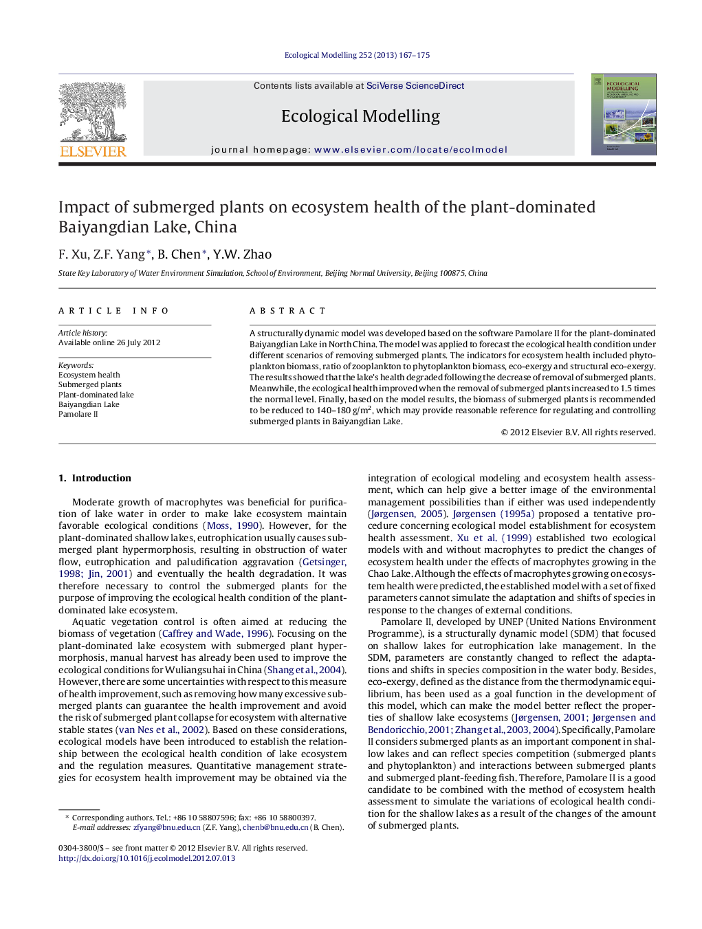 Impact of submerged plants on ecosystem health of the plant-dominated Baiyangdian Lake, China