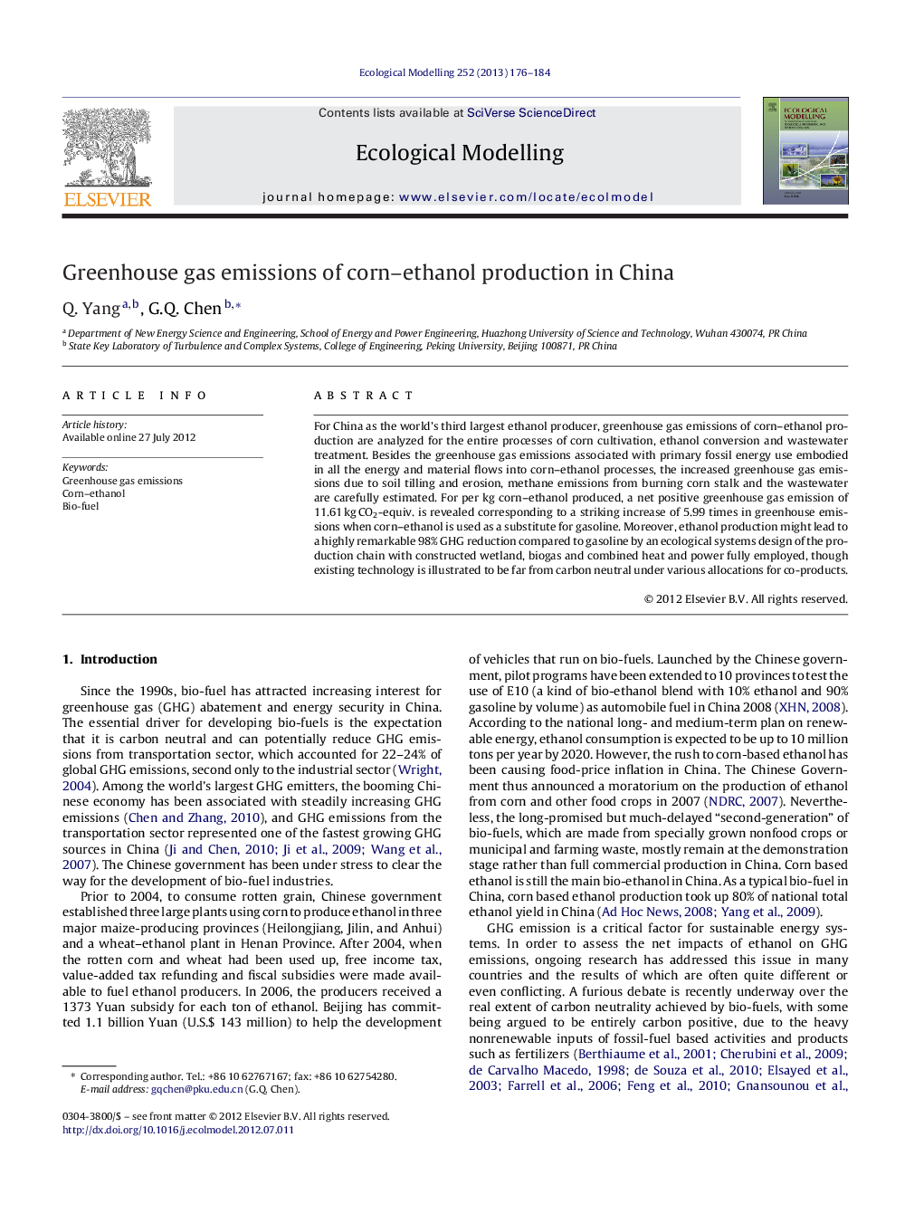 Greenhouse gas emissions of corn–ethanol production in China