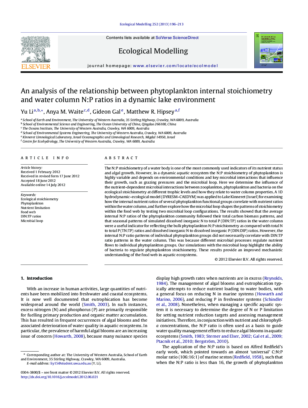 An analysis of the relationship between phytoplankton internal stoichiometry and water column N:P ratios in a dynamic lake environment