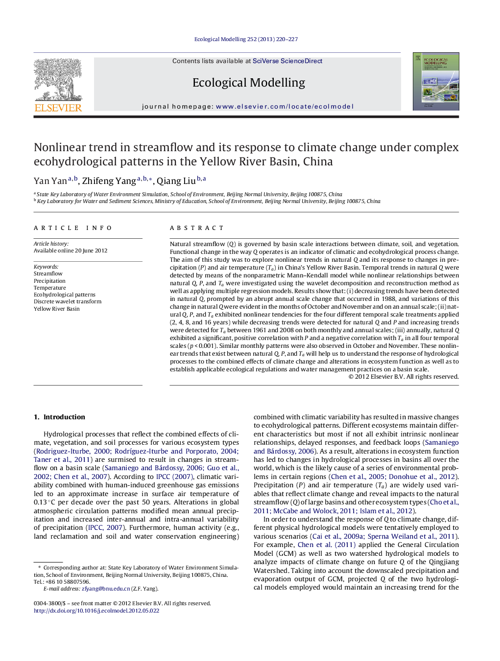 Nonlinear trend in streamflow and its response to climate change under complex ecohydrological patterns in the Yellow River Basin, China